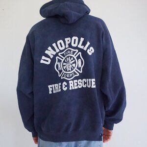 Vintage '90s Gildan Navy Uniopolis Fire & Rescue Cotton Hoodie Sweatshirt 2XL